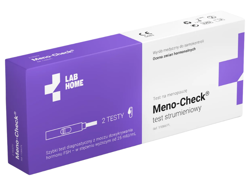 Zdjęcie przedstawia wyrób medyczny LabHome Meno Check test strumieniowy do oceny zmian hormonalnych, test diagnostyczny, 25 mIU/mL.