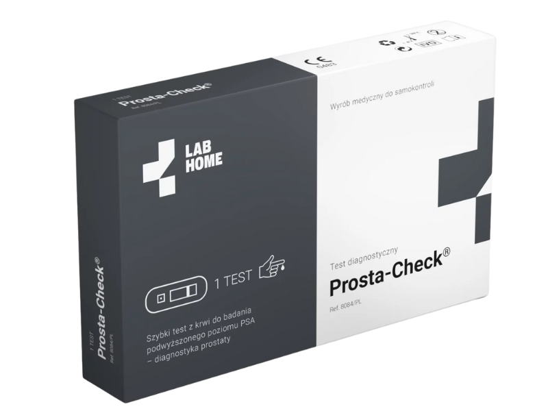 Zdjęcie przedstawia wyrób medyczny LabHome Prosta Check test płytkowy do wykrywania poziomu antygenu prostaty, test diagnostyczny, 4 ng/mL.