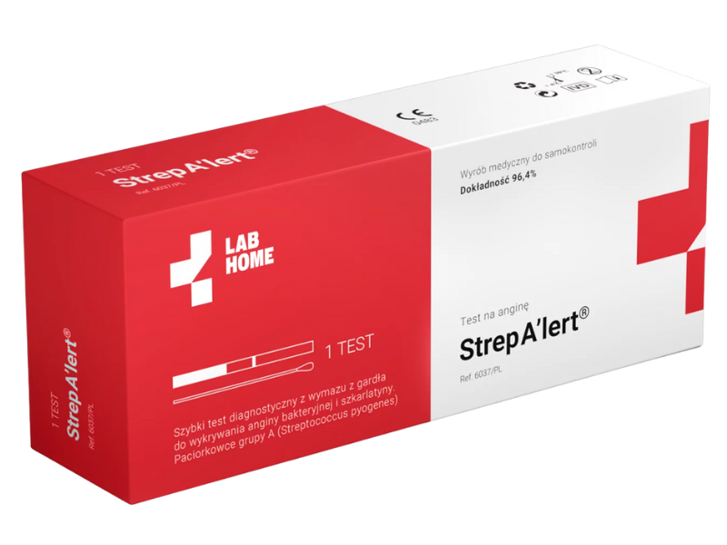 Zdjęcie przedstawia wyrób medyczny LabHome Strep Alert, test diagnostyczny.