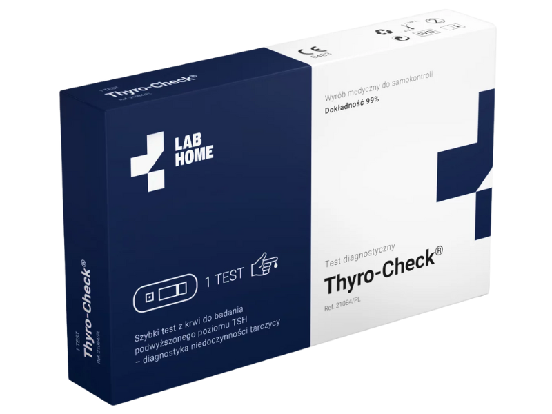Zdjęcie przedstawia wyrób medyczny LabHome Thyro-Check test na niedoczynność tarczycy, test diagnostyczny.