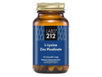 Zdjęcie przedstawia suplement diety Labs212 L-lysine zinc picolinate lizyna z cynkiem, kapsułki.