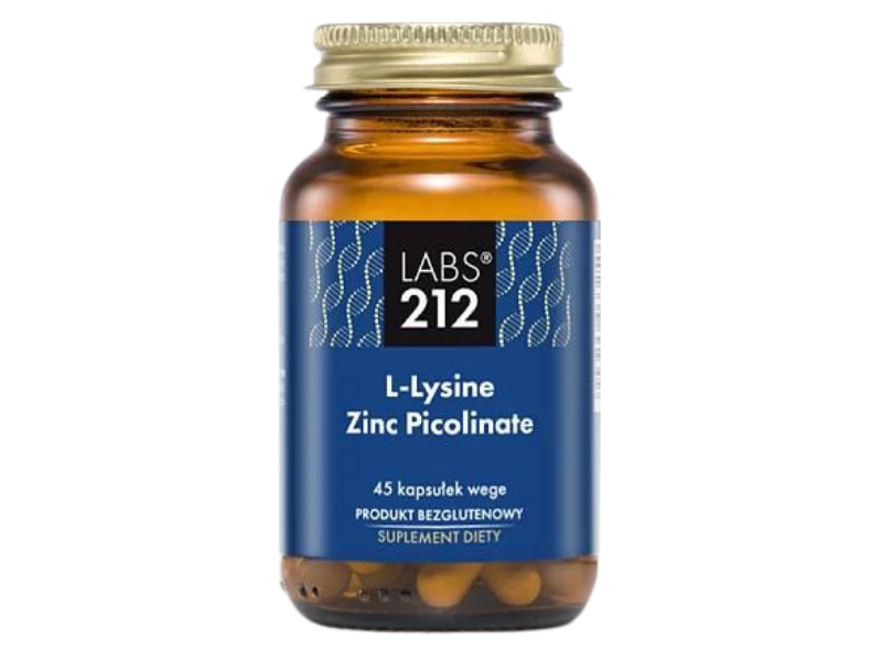 Zdjęcie przedstawia suplement diety Labs212 L-lysine zinc picolinate lizyna z cynkiem, kapsułki.