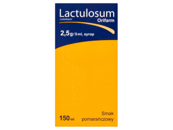 Zdjęcie przedstawia lek bez recepty Lactulosum Orifarm Forte, syrop, 667 mg:ml.