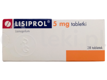 Zdjęcie przedstawia lek na receptę Lisiprol, tabletki, 5 mg.