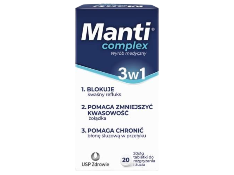 Zdjęcie przedstawia suplement diety Manti Complex, tabletki do rozgryzania i żucia.
