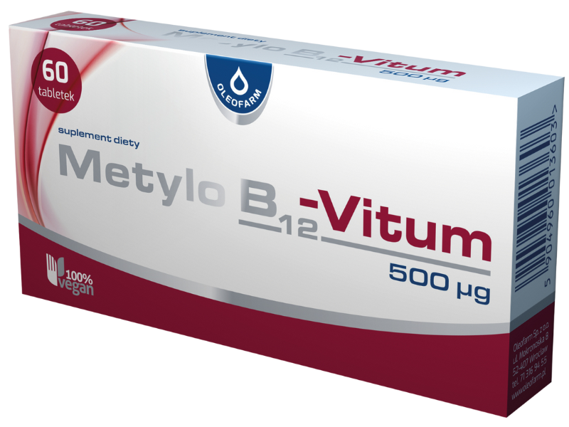Zdjęcie przedstawia suplement diety Metylo B12-Vitum, tabletki, 700 µg.