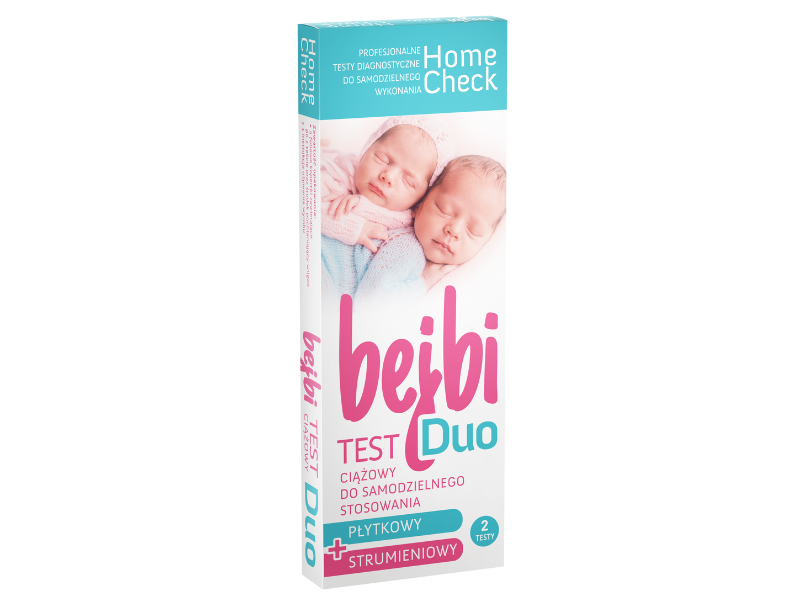 Zdjęcie przedstawia wyrób medyczny Milapharm Bejbi duo test ciążowy płytkowy + strumieniowy, test diagnostyczny.