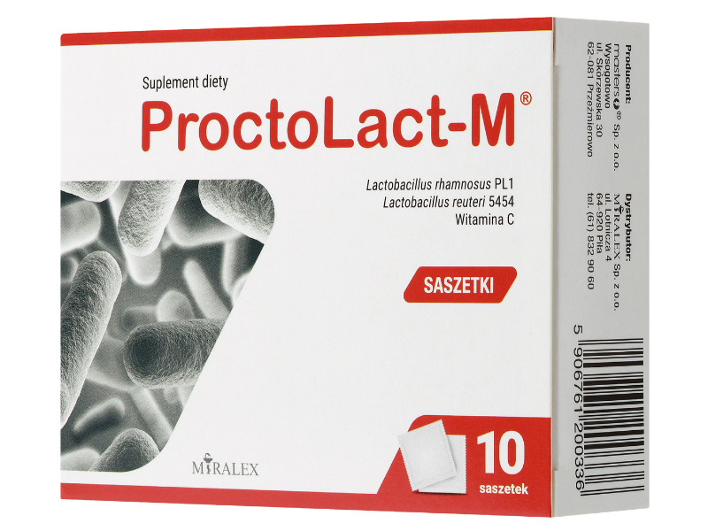 Zdjecie przedstawia suplement diety Miralex ProctoLact-M, saszetki