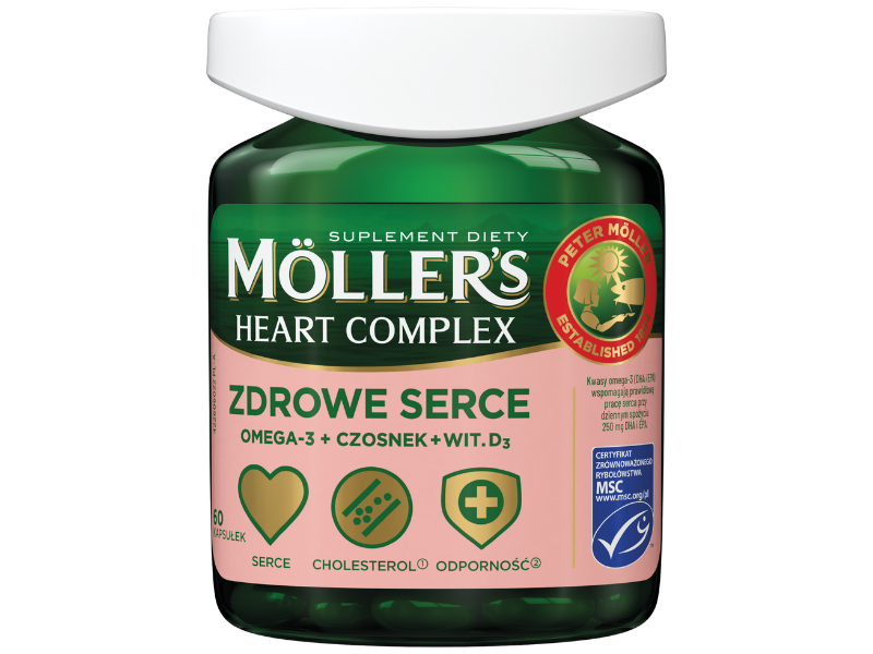 Zdjęcie przedstawia suplement diety Moller's Complex Heart wsparcie pracy serca, kapsułki