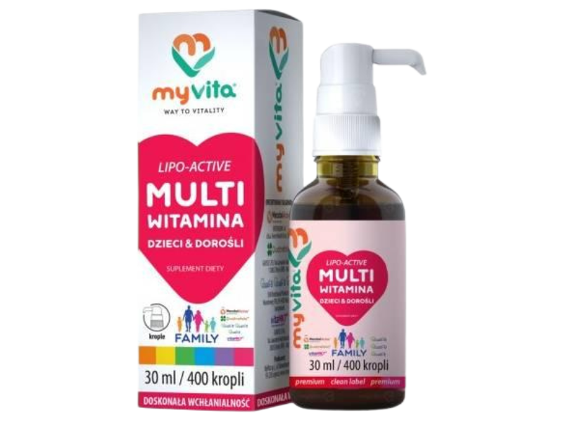 Zdjęcie przedstawia suplement diety MyVita Multiwitamina lipo-active family dzieci i D, krople.