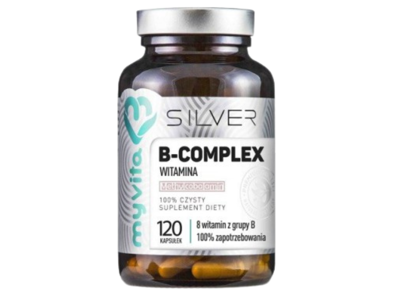 Zdjęcie przedstawia suplement diety MyVita Silver witamina B-complex, kapsułki.