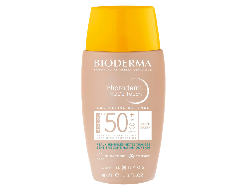 Zdjęcie przedstawia dermokosmetyk Naos Bioderma Photoderm Nude Touch Mineral SPF50+, ciemny, podkład.