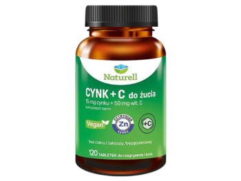 Zdjęcie przedstawia suplement diety Naturell Cynk+C, tabletki do rozgryzania i żucia.