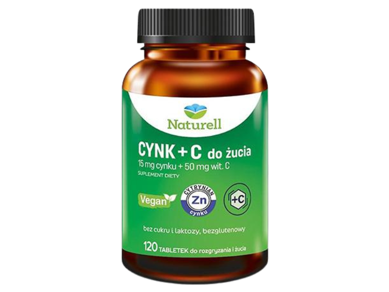 Zdjęcie przedstawia suplement diety Naturell Cynk+C, tabletki do rozgryzania i żucia.