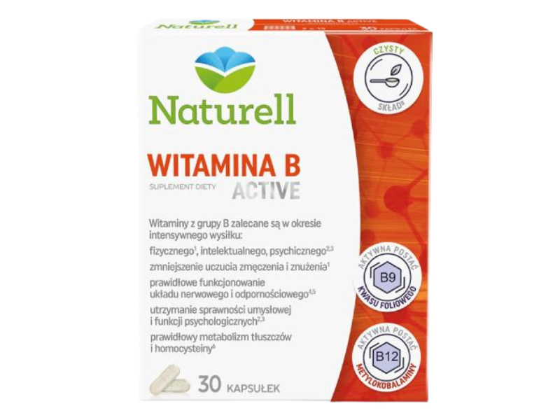 Zdjęcie przedstawia suplement diety Naturell Witamina B Active, kapsułki.