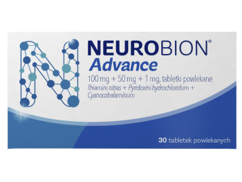 Zdjęcie przedstawia lek bez recepty Neurobion Advance, tabletki powlekane, 100 mg + 50 mg + 1 mg.