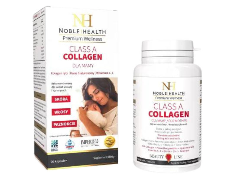 Zdjęcie przedstawia suplement diety Noble Health Class A collagen dla mamy, kapsułki.