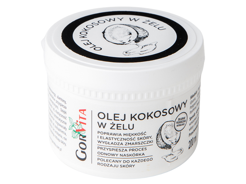 Zdjęcie przedstawia kosmetyk Olej Kokosowy w żelu, żel.