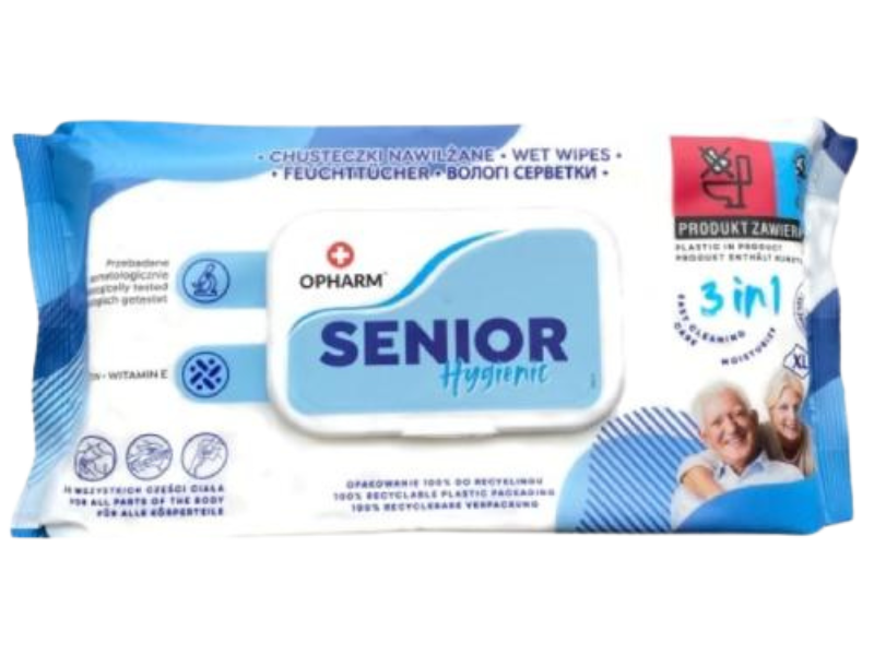 Zdjęcie przedstawia kosmetyk Opharm Senior hygienic chusteczki nawilżane dla osób starszych.