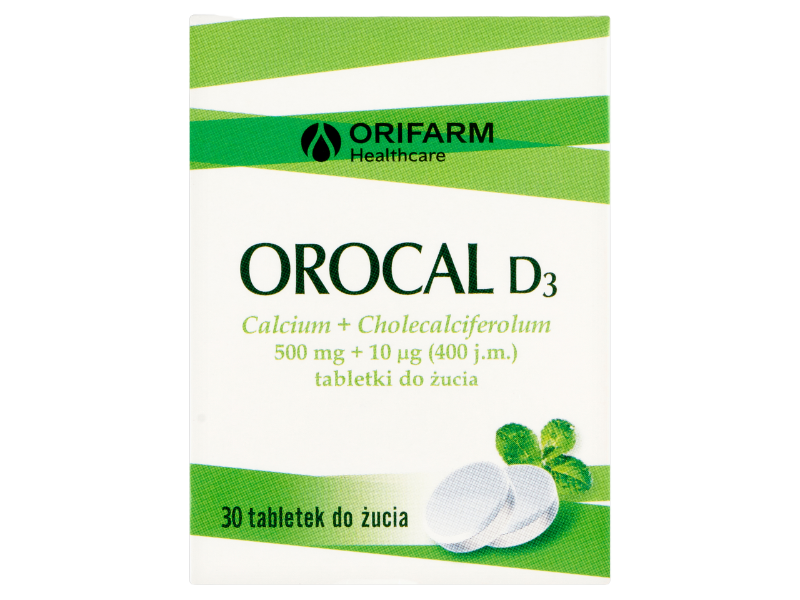 Zdjęcie przedstawia lek bez recepty Orocal D3, tabletki do żucia, 500 mg + 10 μg.