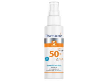 Zdjęcie przedstawia dermokosmetyk Pharmaceris S mineralny spray ochronny do twarzy i ciała SPF50+.