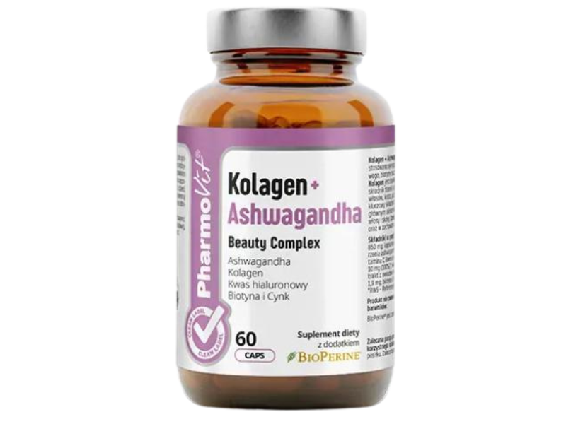 Zdjęcie przedstawia suplement diety Pharmovit Kolagen + ashwagandha, kapsułki.
