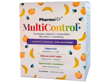 Zdjęcie przedstawia suplement diety Pharmovit Multicontrol+, saszetki.