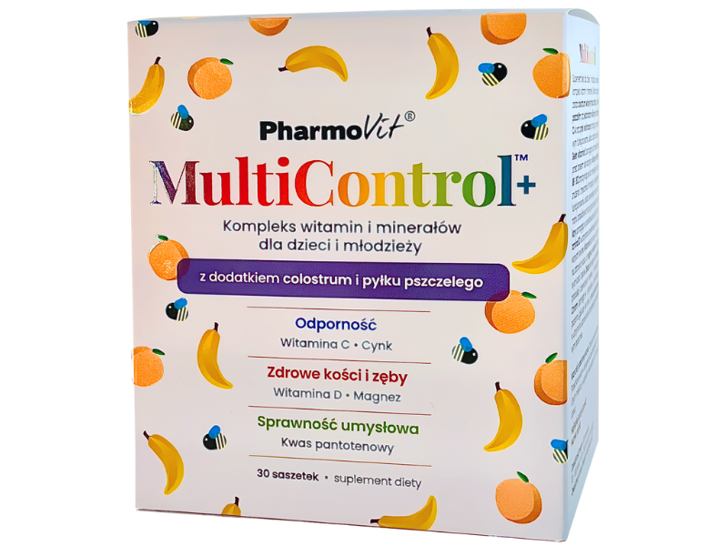 Zdjęcie przedstawia suplement diety Pharmovit Multicontrol+, saszetki.