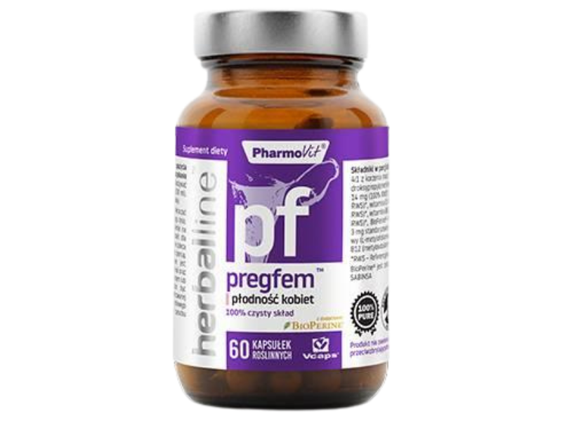 Zdjęcie przedstawia suplement diety Pharmovit Pregfem, kapsułki.
