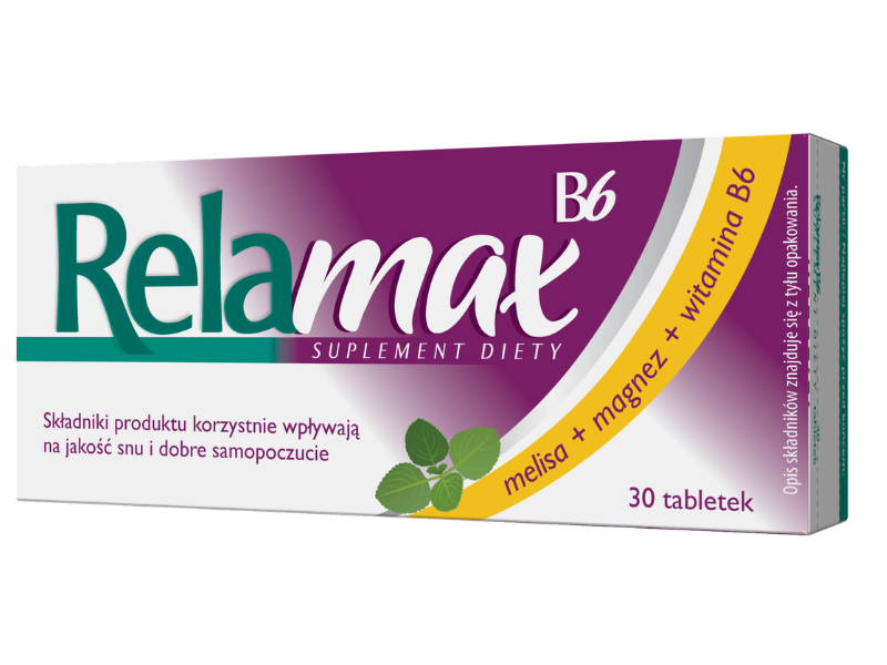 Zdjęcie przedstawia suplement diety Relamax B6, tabletki.