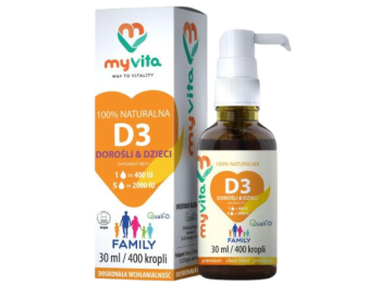 Zdjęcie przedstawia suplement diety Silver MyVita Witamina D3, krople, 10 µg.