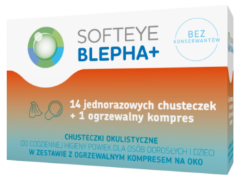 Zdjęcie przedstawia wyrób medyczny Softeye Blepha plus chusteczki okulistyczne.