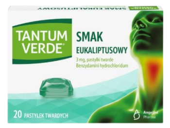 Zdjęcie przedstawia lek bez recepty Tantum Verde, smak eukaliptusowy, pastylki twarde, 3 mg.