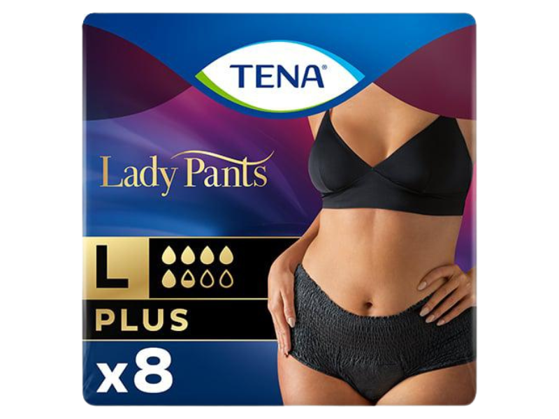 Zdjęcie przedstawia wyrób medyczny Tena Lady Pants Plus Noir rozmiar L, pieluchomajtki.