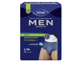 Zdjęcie przedstawia wyrób medyczny Tena Men Pants Plus Blue rozmiar L/XL, pieluchomajtki.