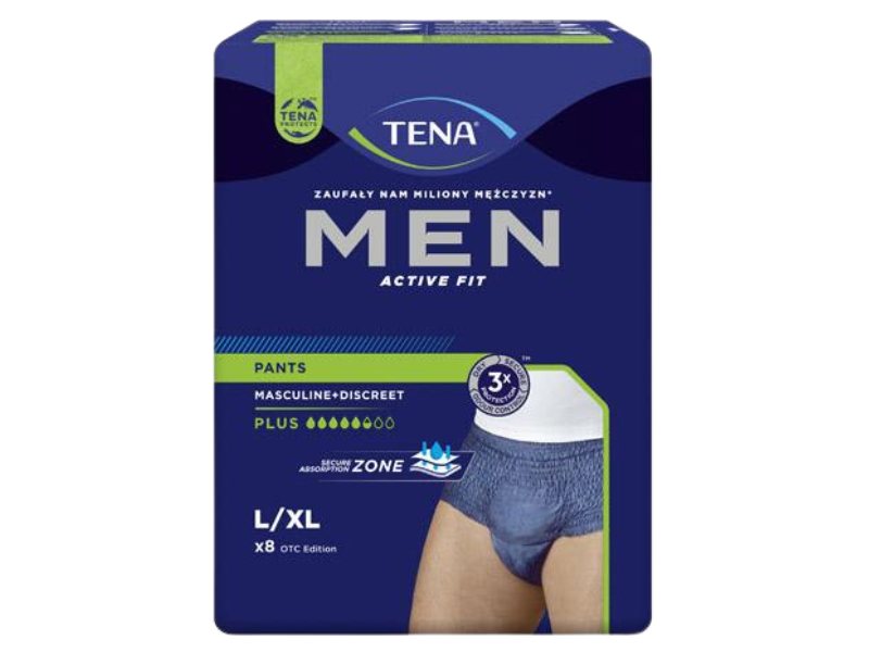 Zdjęcie przedstawia wyrób medyczny Tena Men Pants Plus Blue rozmiar L/XL, pieluchomajtki.