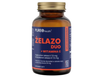 Zdjęcie przedstawia suplement diety Tradix Group Pureo Health Żelazo duo + witamina C, kapsułki.