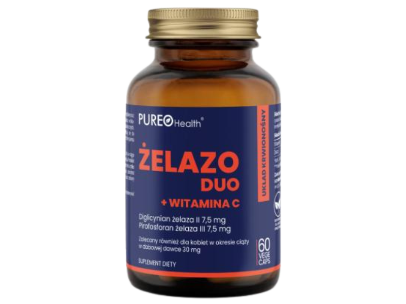 Zdjęcie przedstawia suplement diety Tradix Group Pureo Health Żelazo duo + witamina C, kapsułki.
