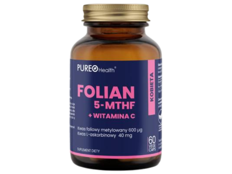 Zdjęcie przedstawia suplement diety Tradix Group Pureo Health folian 5-MTHF + witamina C, kapsułki.