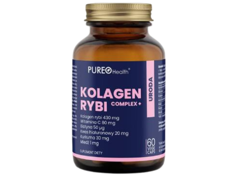 Zdjęcie przedstawia suplement diety Tradix Group Pureo Health kolagen rybi complex+, kapsułki.
