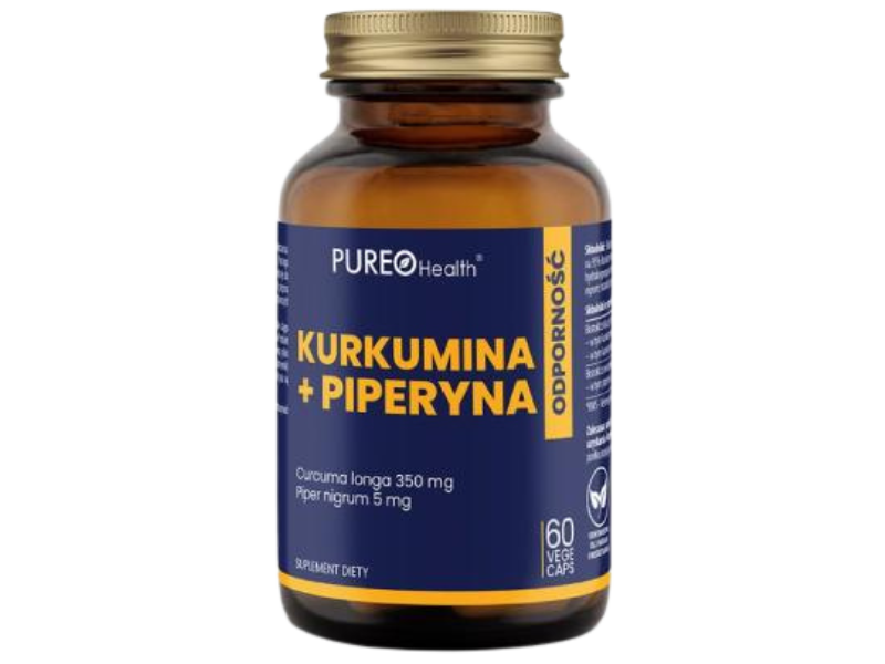 Zdjęcie przedstawia suplement diety Tradix Group Pureo Health kurkumina + piperyna, kapsułki.