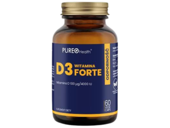 Zdjęcie przedstawia suplement diety Tradix Group Pureo Health witamina D3 Forte, kapsułki, 100 µg/4000 IU.