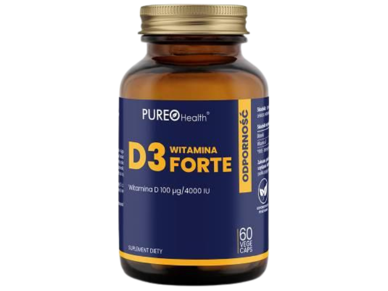 Zdjęcie przedstawia suplement diety Tradix Group Pureo Health witamina D3 Forte, kapsułki, 100 µg/4000 IU.