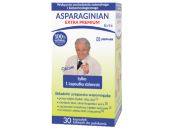 Zdjęcie przedstawia suplement diety Uniphar Asparaginian extra premium forte, kapsułki.