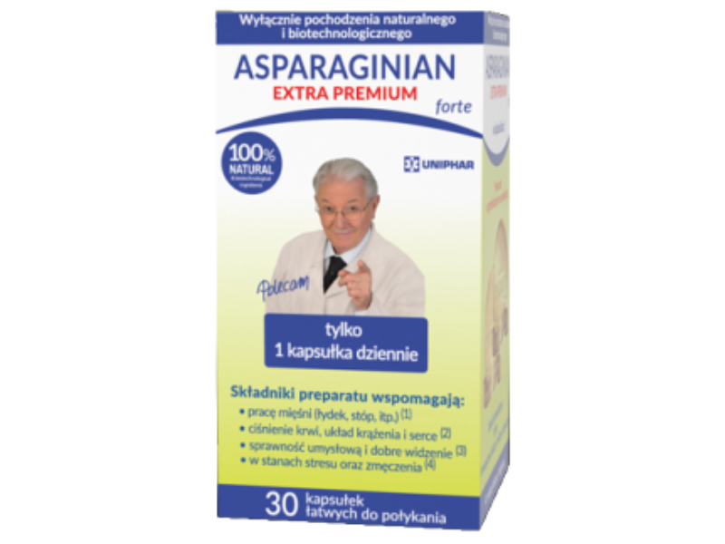 Zdjęcie przedstawia suplement diety Uniphar Asparaginian extra premium forte, kapsułki.