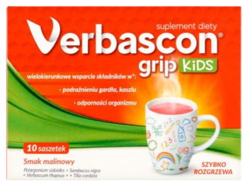 Zdjęcie przedstawia suplement diety Verbascon Grip Kids, proszek do sporządzania roztworu doustnego.
