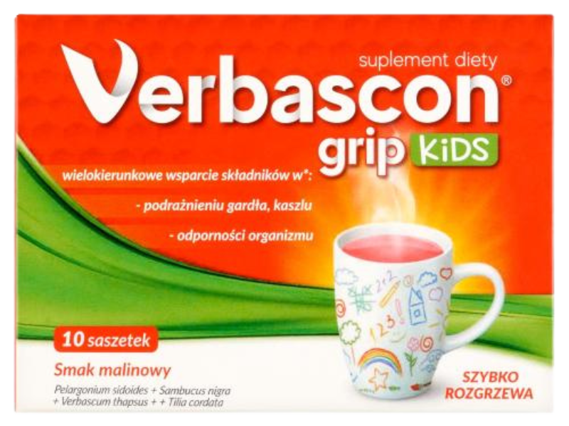 Zdjęcie przedstawia suplement diety Verbascon Grip Kids, proszek do sporządzania roztworu doustnego.