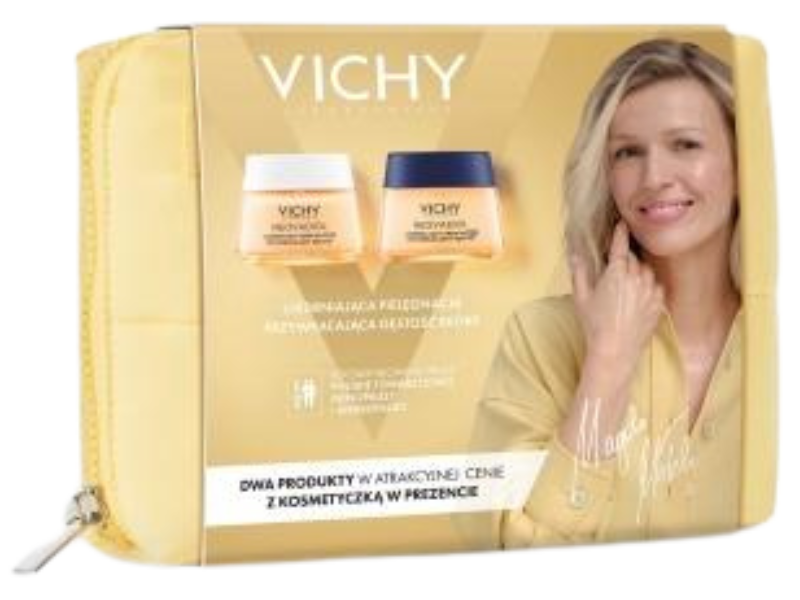 Zdjęcie przedstawia dermokosmetyk Vichy Neovadiol zestaw krem na dzień + krem na noc przeciw wiotczeniu skóry + kosmetyczka.