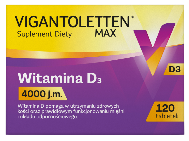 Zdjęcie przedstawia suplement diety Vigantoletten Max, tabletki, 100 μg (4000 j.m.).