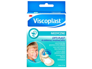 Zdjęcie przedstawia wyrób medyczny Viscoplast Opti-Plast do delikatnej i wrażliwej skóry plastry okulistyczne 80 mm x 57 mm, plaster.